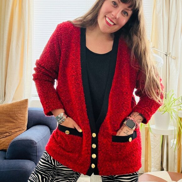 Vintage 90s Cathy Daniels Red Black Attached Cardigan Sweater | Size Large - Picture 1 of 13